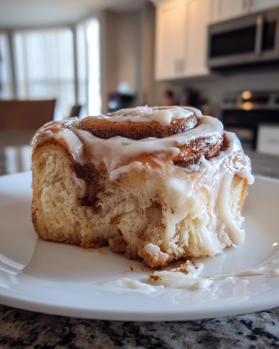 Close-up of a fluffy homemade cinnamon rolls slice topped with thick white icing on a white plate.