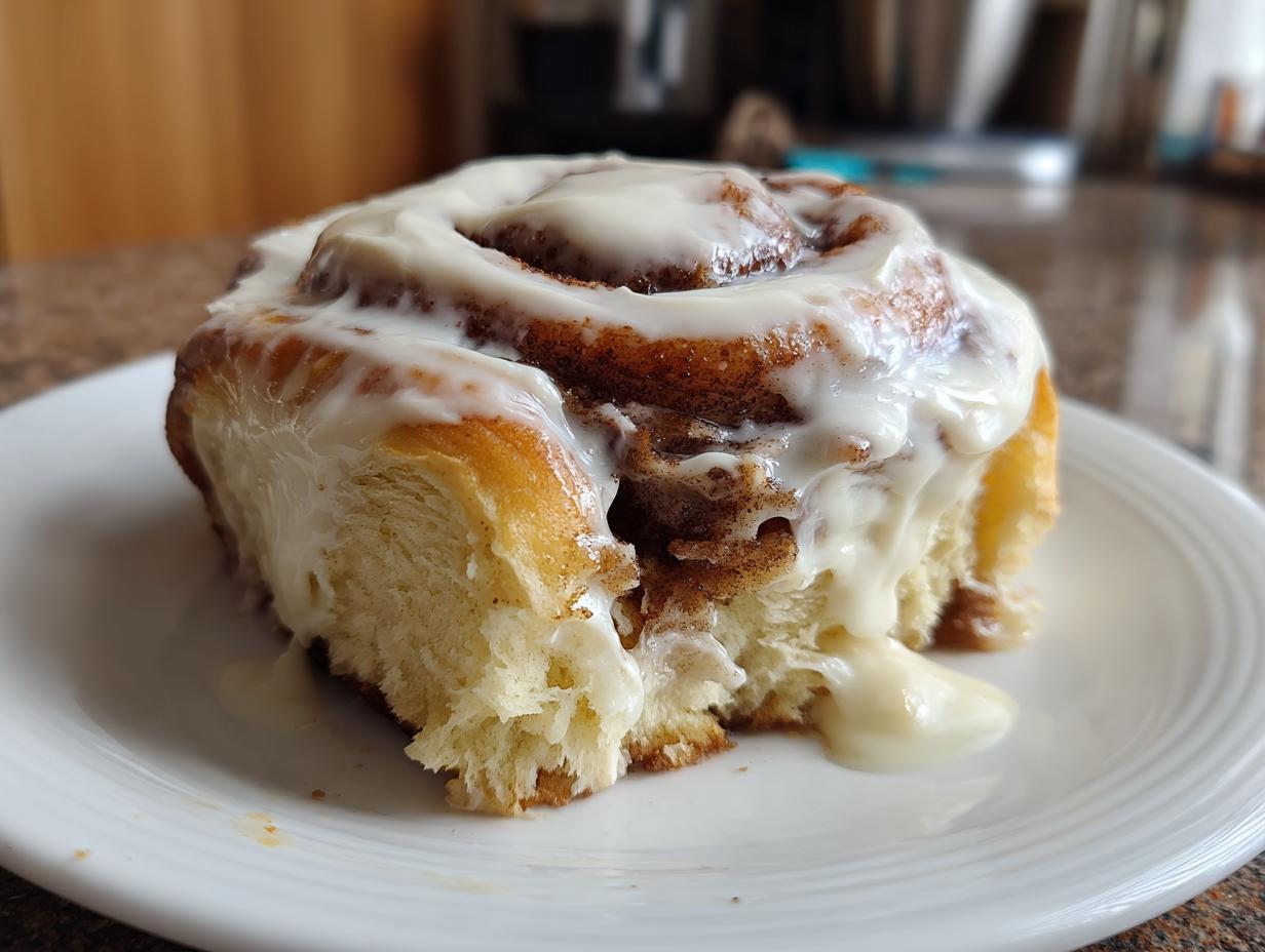 Close-up of a fluffy homemade cinnamon rolls slice covered in dripping cream cheese frosting on a white plate.