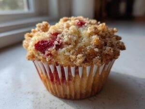 A close-up of a single, fluffy strawberry muffin topped with a generous brown sugar crumb topping.