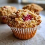 A close-up of a fluffy strawberry muffin topped with golden brown streusel and a visible piece of bright red strawberry.