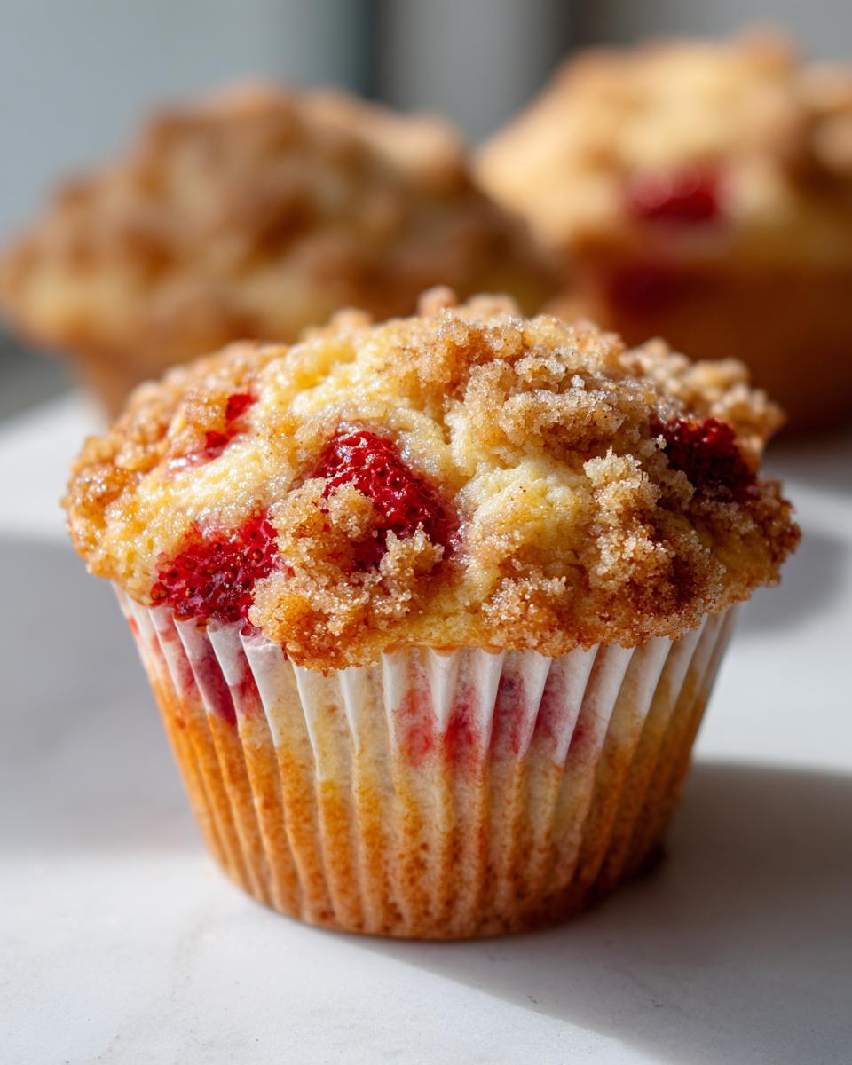 Close-up of a fluffy strawberry muffin topped with a generous layer of cinnamon-sugar streusel topping.