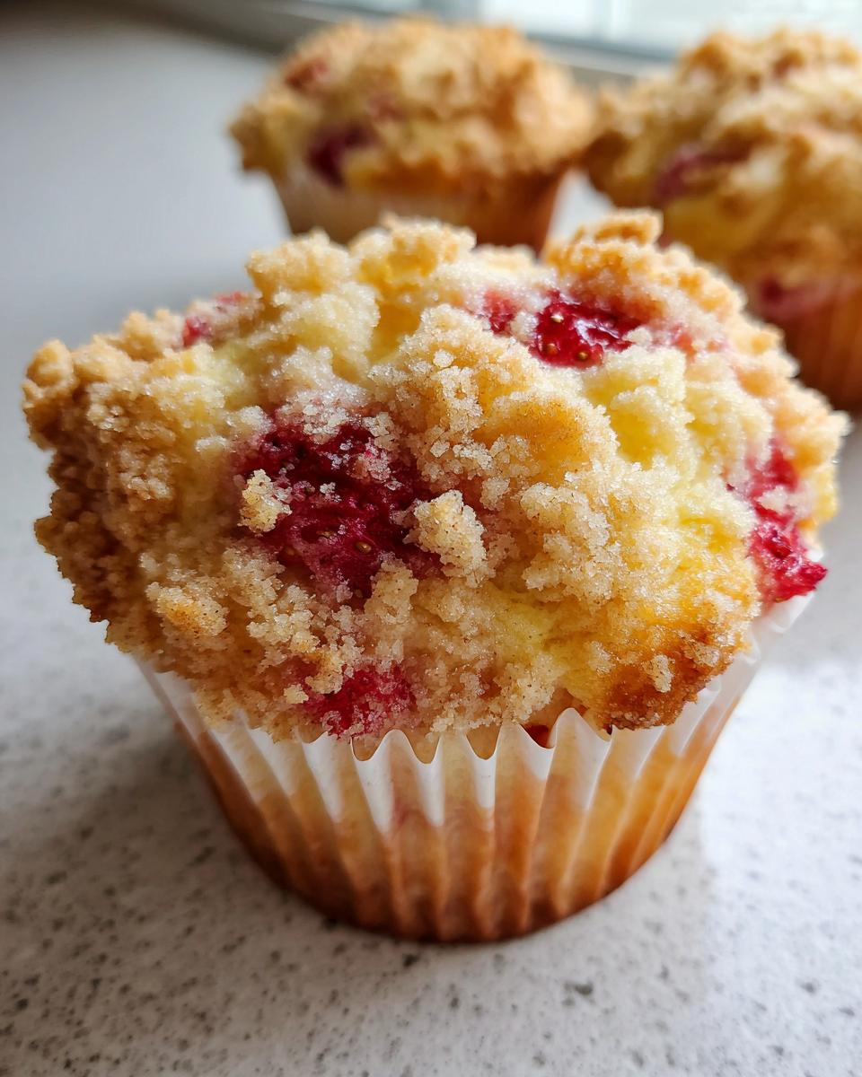 A close-up of a fluffy strawberry muffin topped with golden streusel crumbs and visible pieces of bright red fruit.