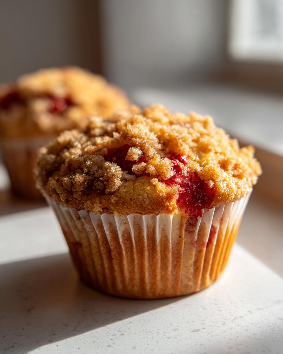 Close-up of a fluffy strawberry muffin topped with brown sugar streusel, showing bright red fruit filling.