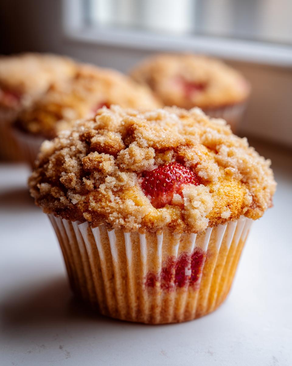 A close-up of a fluffy strawberry muffin topped with golden brown streusel, featuring visible strawberry pieces.