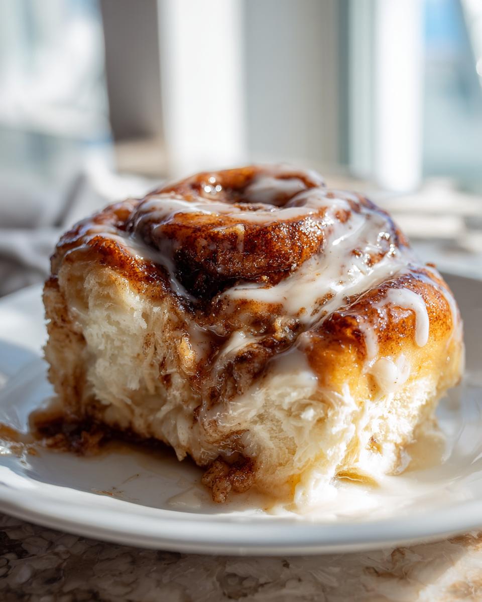 A close-up shot of a single, fluffy tiktok cinnamon rolls topped generously with white icing, sitting on a white plate.