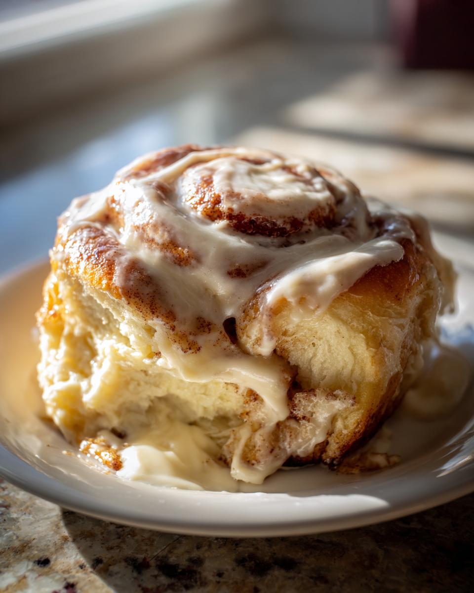 Close-up of a gooey, freshly baked tiktok cinnamon rolls covered in thick white frosting.