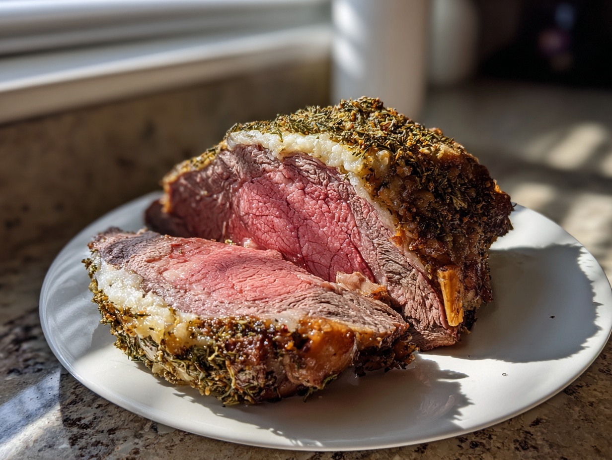 A juicy, medium-rare rib roast, sliced to show the pink interior and herb crust, resting on a white plate.