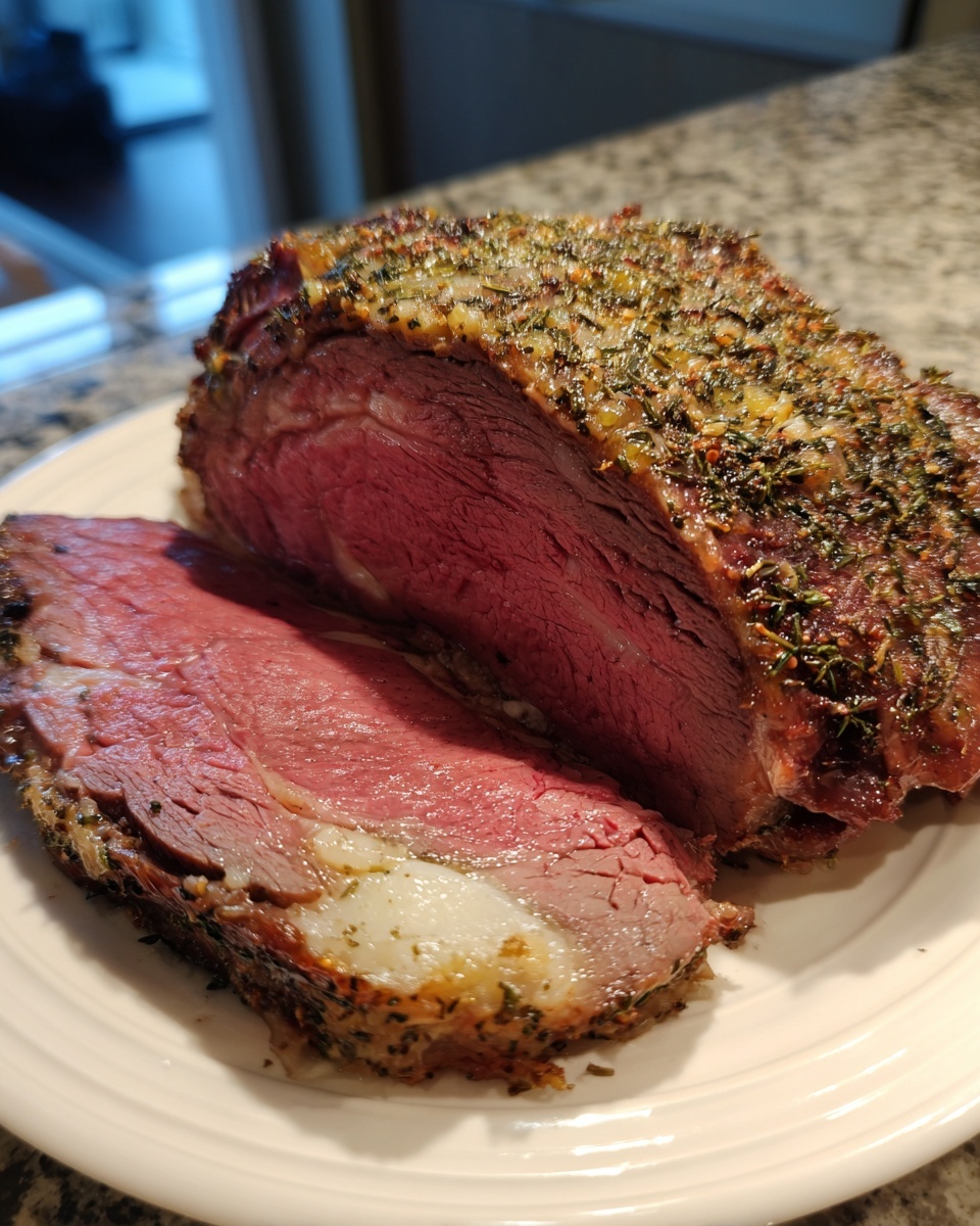 Close-up of a juicy, medium-rare rib roast, sliced to show the pink interior and herb crust.