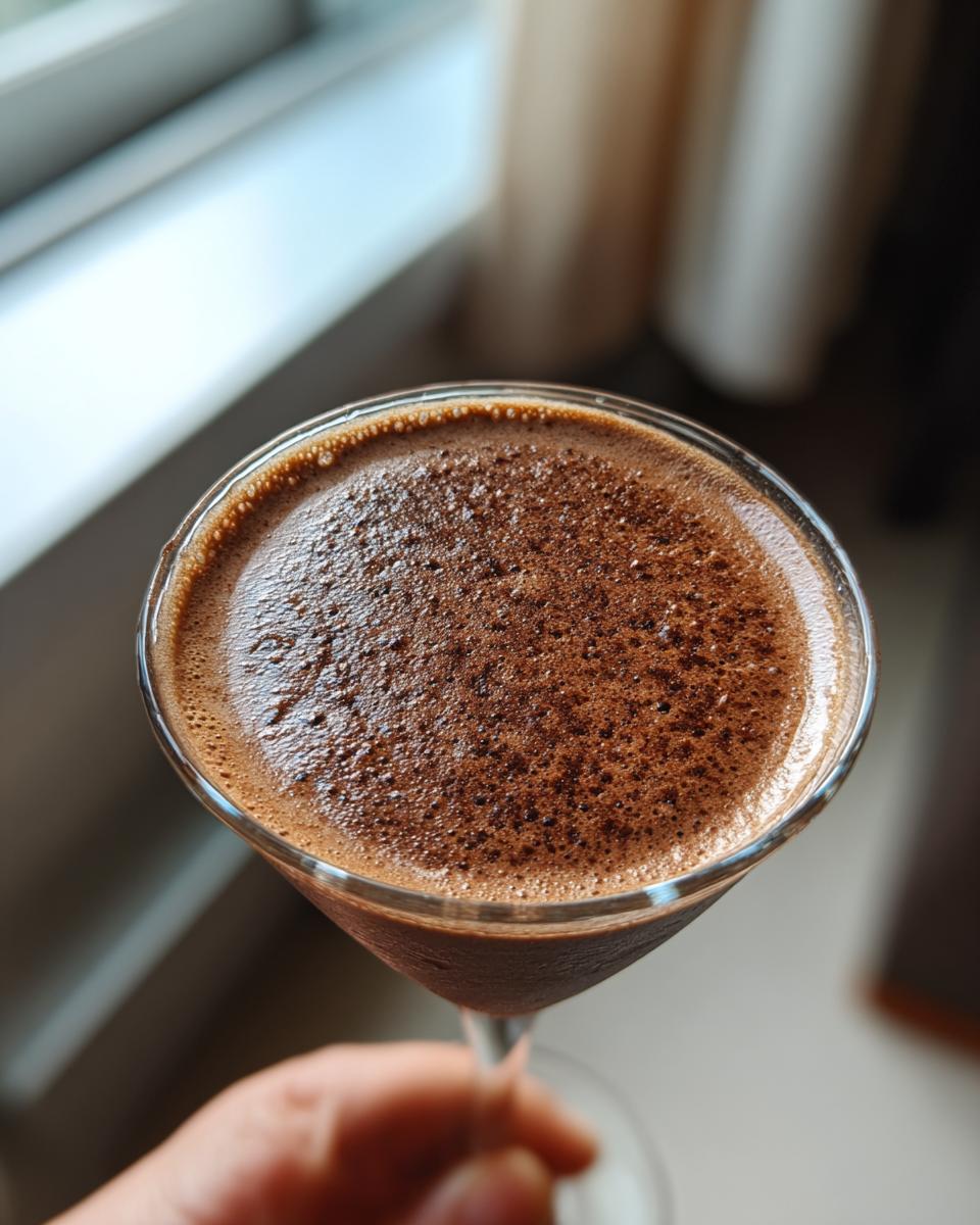 Close-up overhead view of a rich, frothy chocolate martini held near a window.