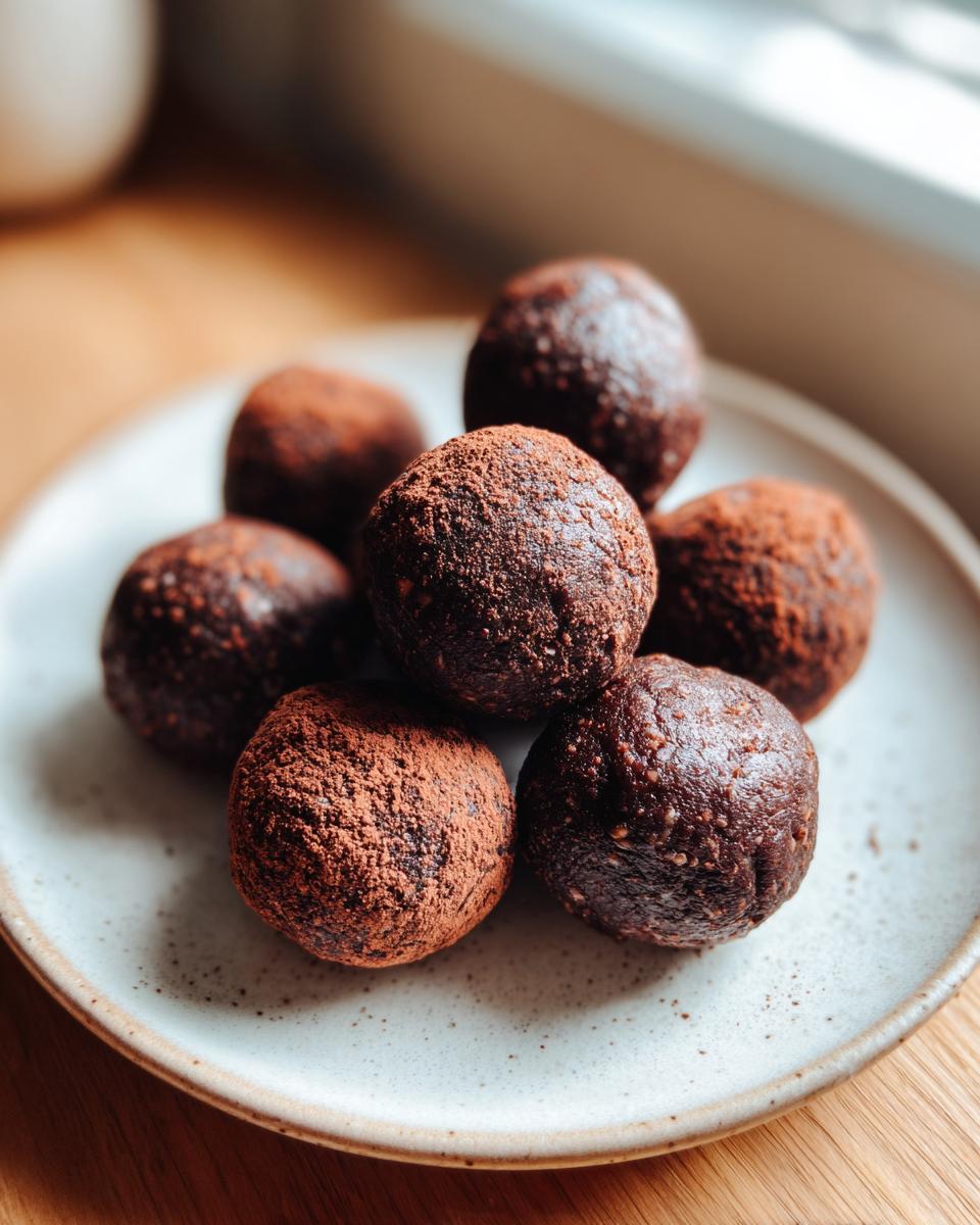 A close-up of six fudgy date brownie balls piled on a speckled white plate, dusted with cocoa powder.