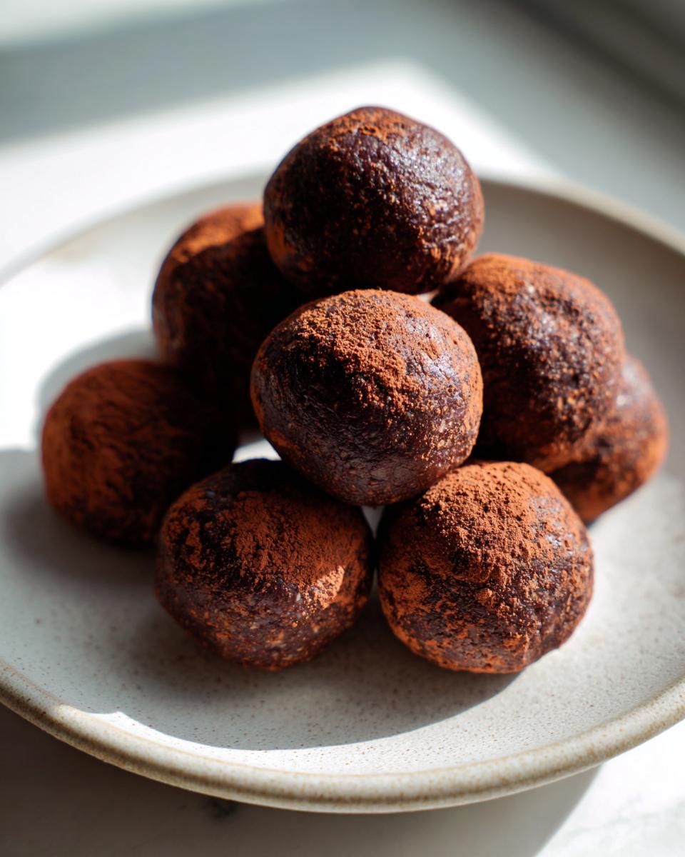 A stack of rich, dark date brownie balls generously dusted with cocoa powder, resting on a light ceramic plate.