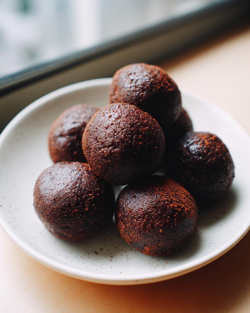 A close-up stack of fudgy date brownie balls dusted with cocoa powder on a small white plate.