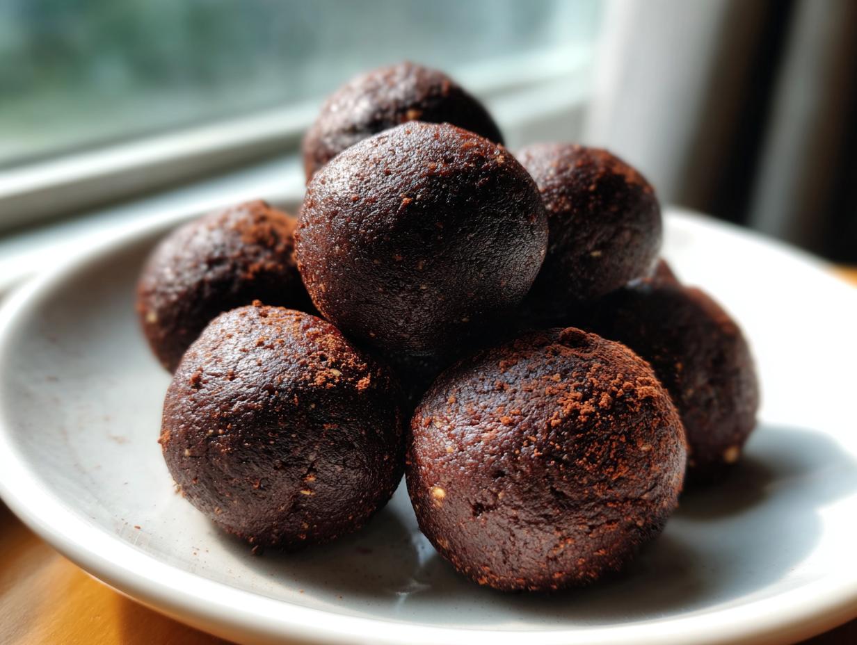 A close-up stack of rich, dark date brownie balls dusted lightly with cocoa powder on a white plate.