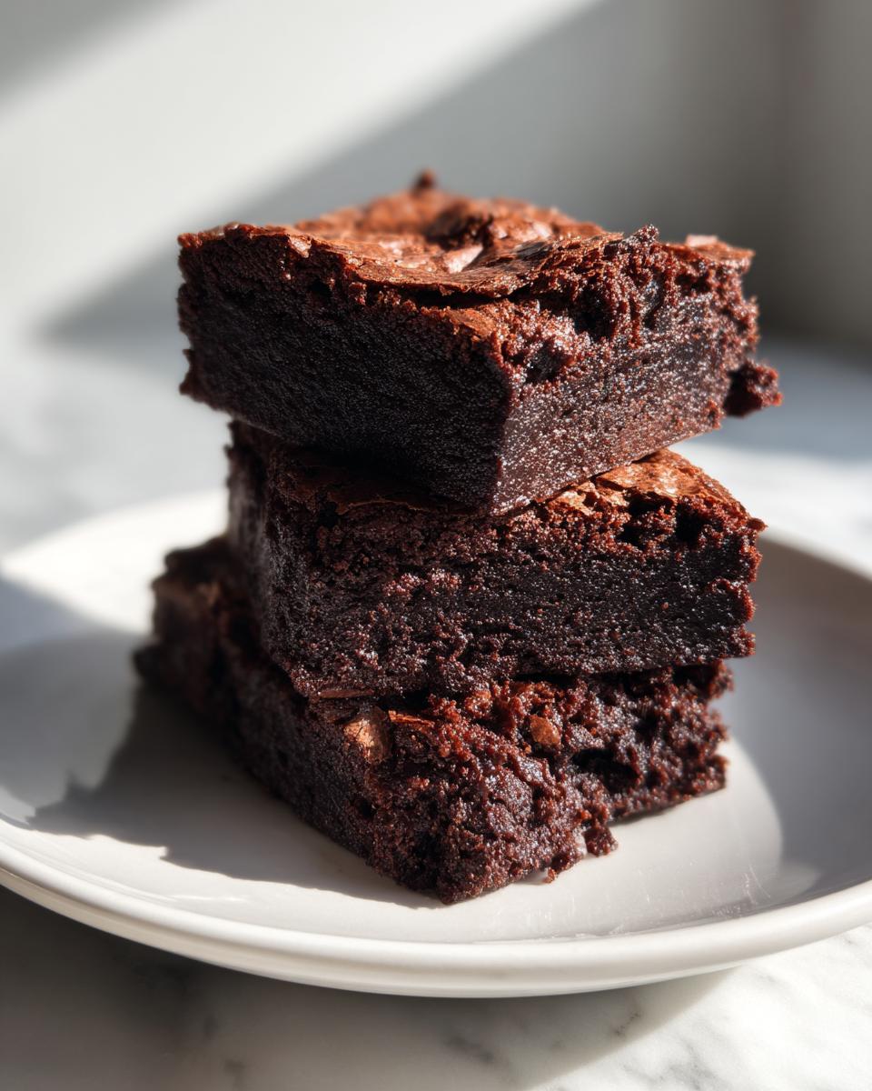 A stack of three fudgy date brownies with shiny, cracked tops sitting on a white plate.