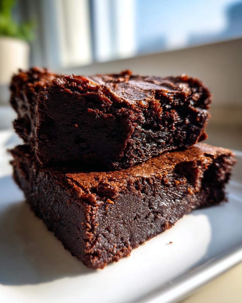 Close-up of two fudgy date brownies stacked on a white plate, showing their rich, dark chocolate texture.