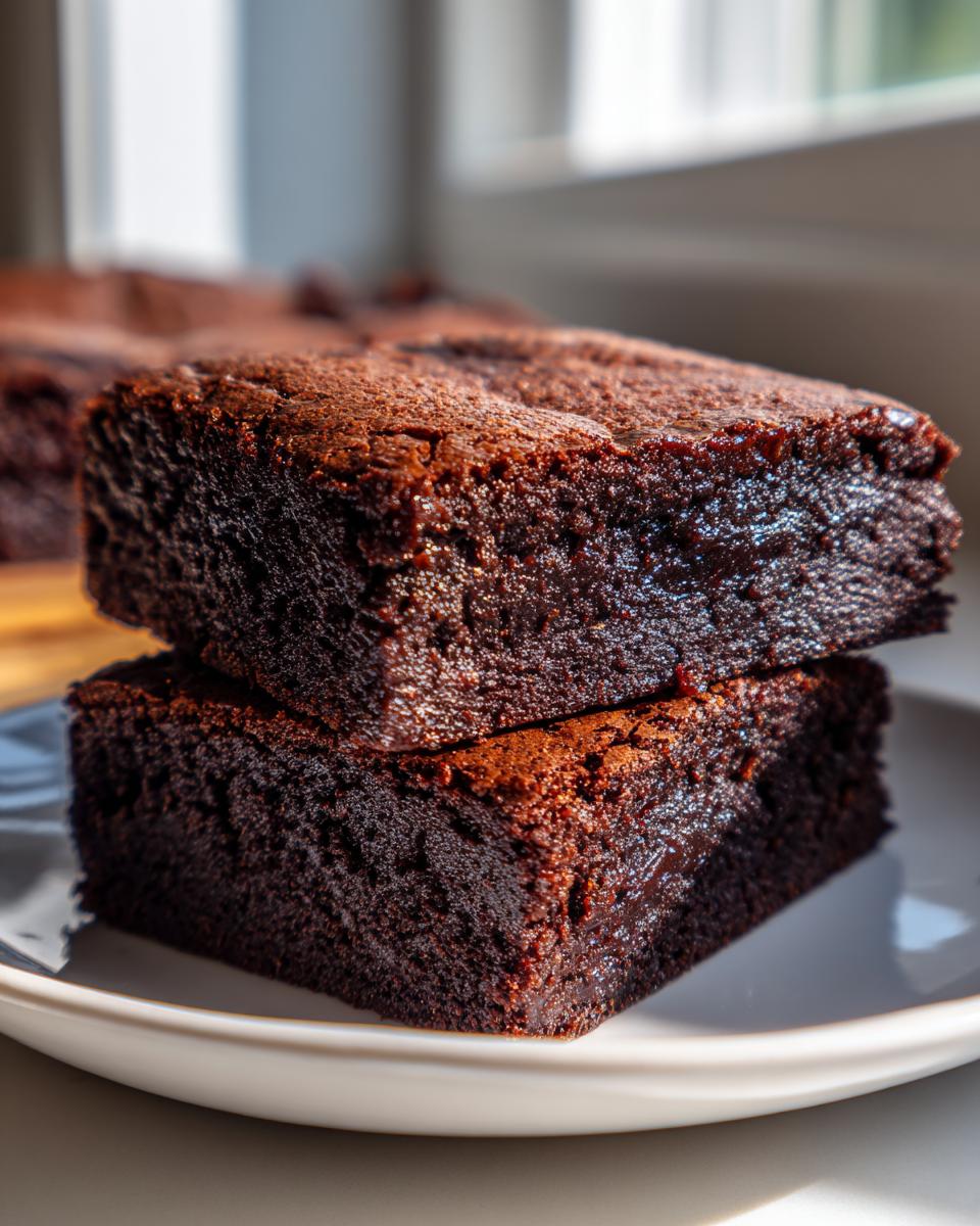 Close-up of two fudgy date brownies stacked on a white plate, showing their rich, dark chocolate texture.