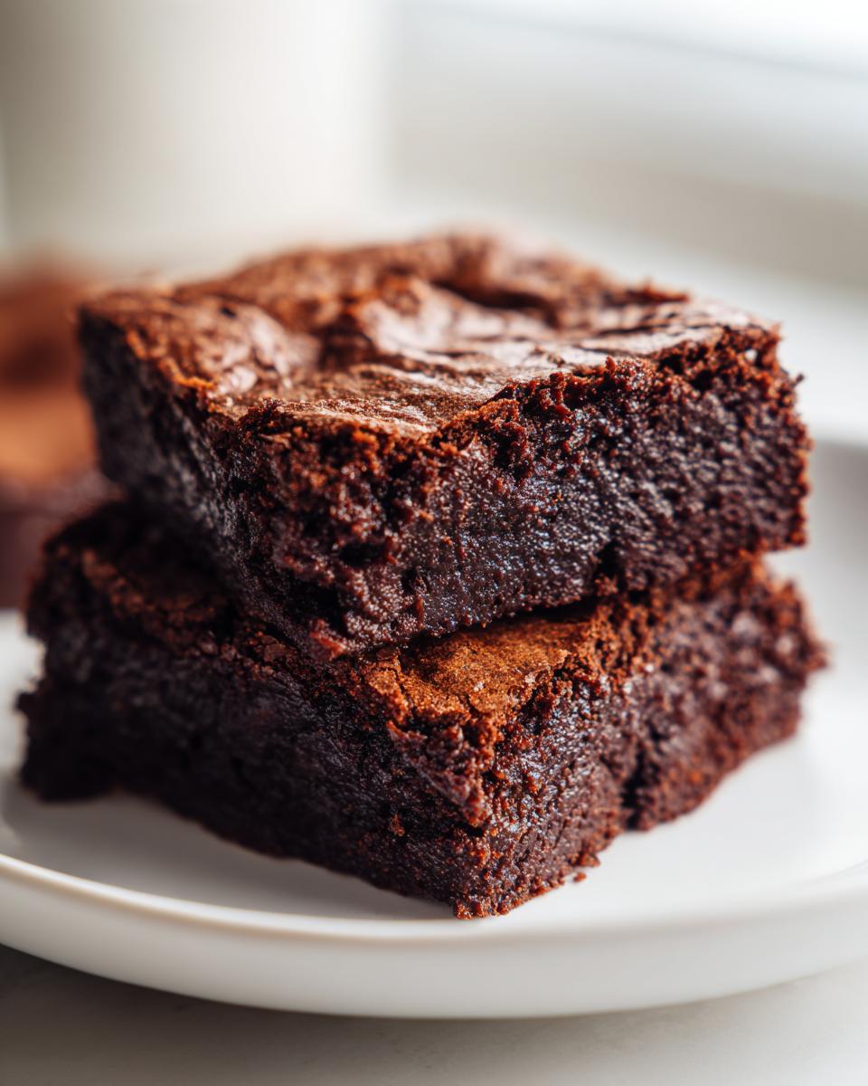 Close-up of two stacked, fudgy date brownies with shiny, crackled tops on a white plate.