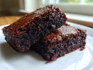 Two rich, fudgy date brownies stacked slightly on a white plate, showing their moist interior.