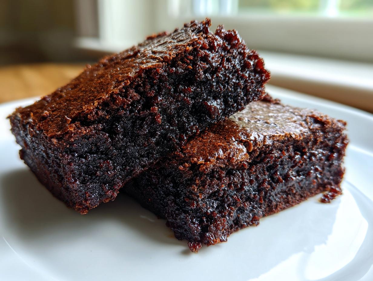 Two rich, fudgy date brownies stacked slightly on a white plate, showing their moist interior.