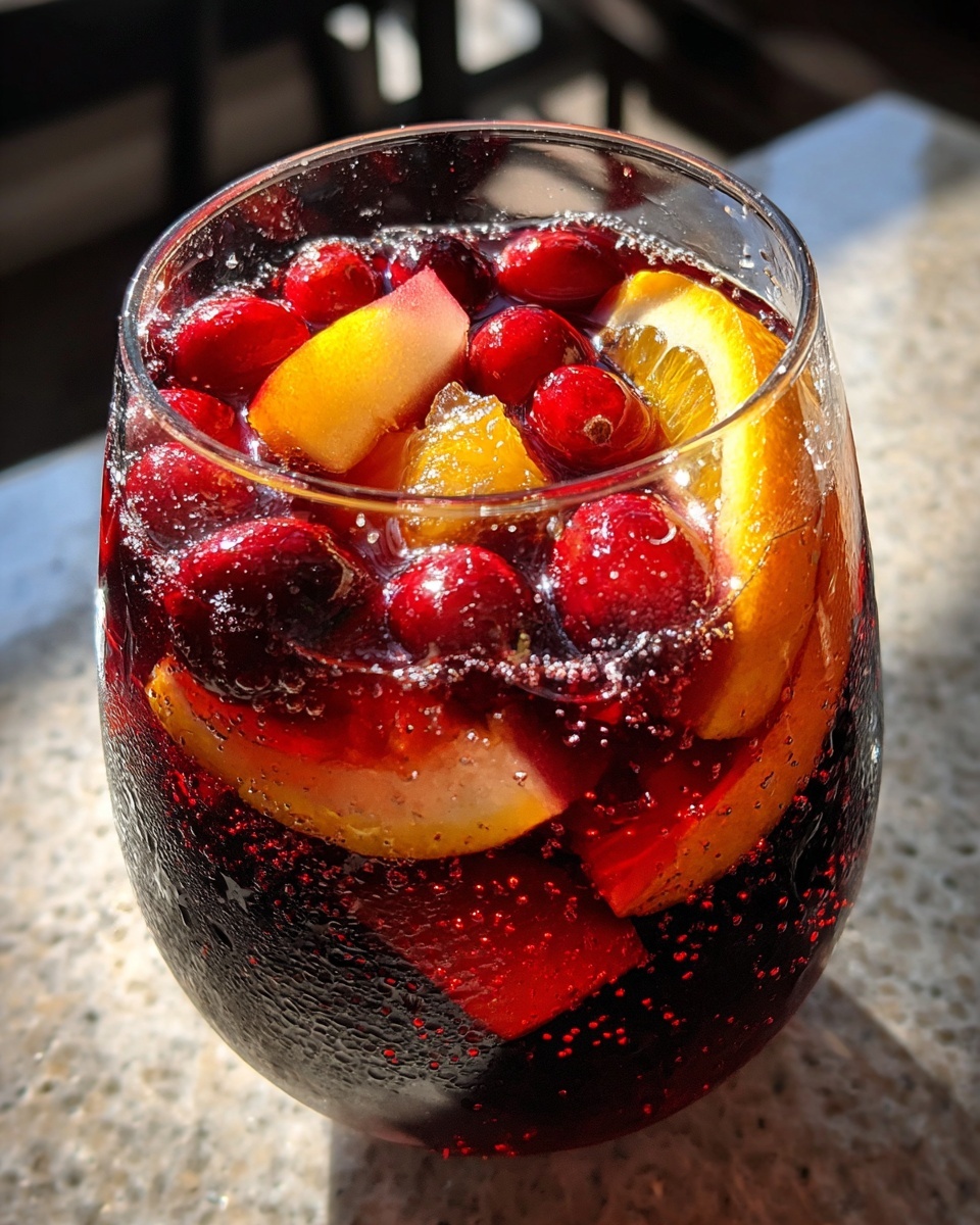 Close-up of a glass filled with bubbling Christmas sangria, loaded with fresh cranberries and orange slices.