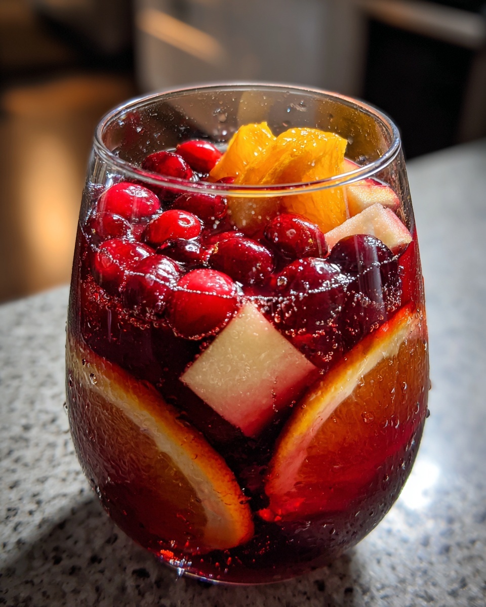 Close-up of a glass filled with vibrant red christmas sangria, loaded with cranberries, orange slices, and apple chunks.