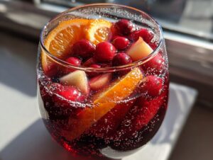 Close-up of a glass filled with sparkling red christmas sangria, loaded with cranberries, orange slices, and apple chunks.