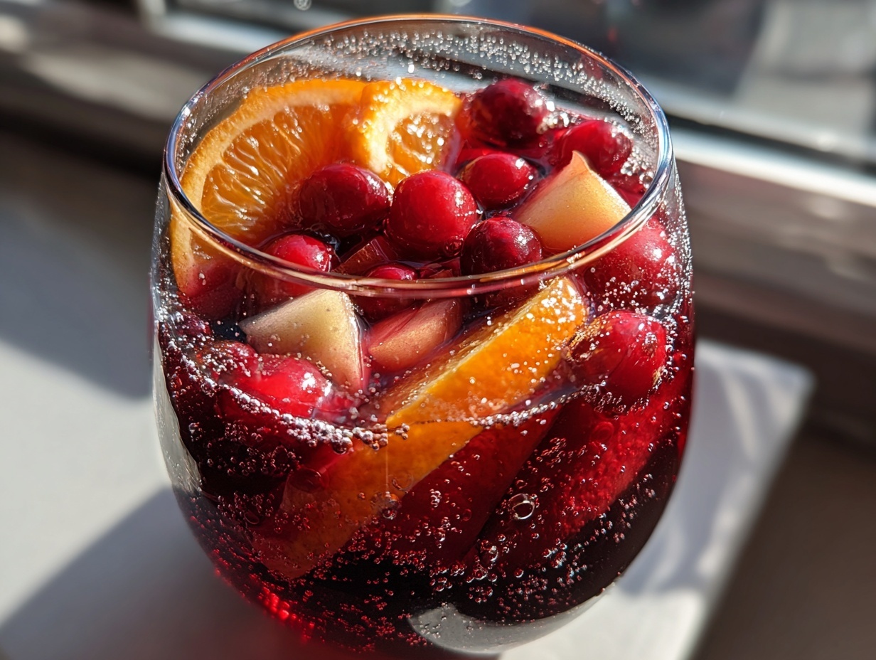 Close-up of a glass filled with sparkling red christmas sangria, loaded with cranberries, orange slices, and apple chunks.