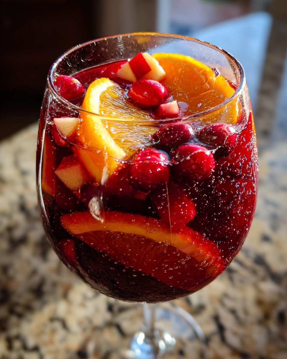 Close-up of a glass filled with vibrant red christmas sangria, loaded with orange slices, cranberries, and diced apples.