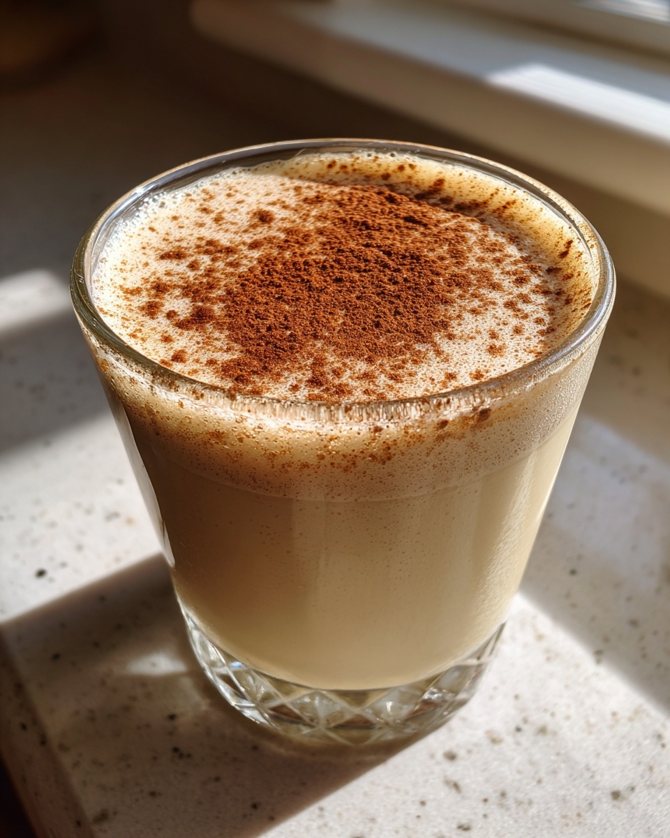 A glass of creamy, frothy homemade eggnog topped generously with ground cinnamon.