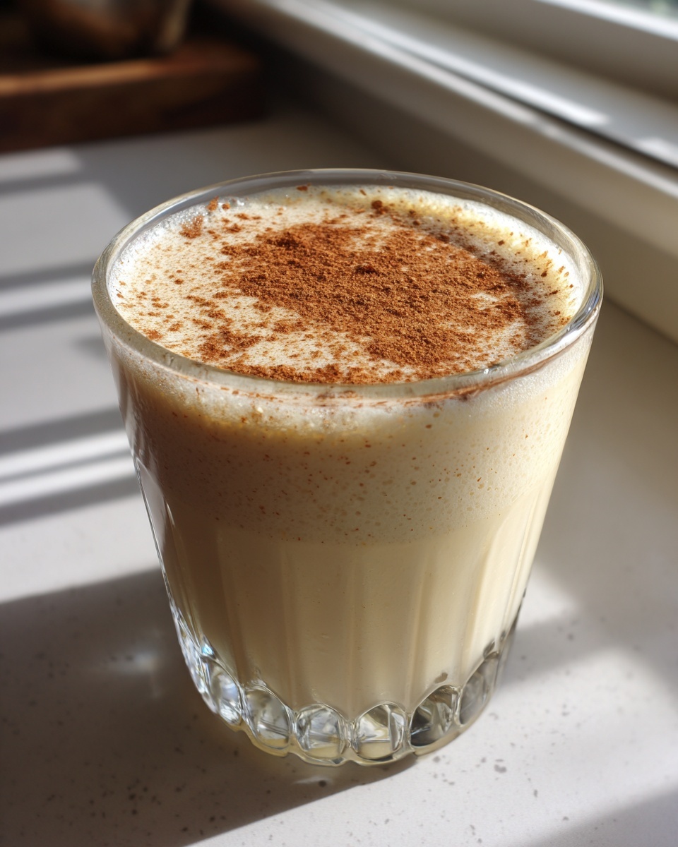 A glass of creamy, frothy eggnog topped generously with ground cinnamon, sitting in bright sunlight.