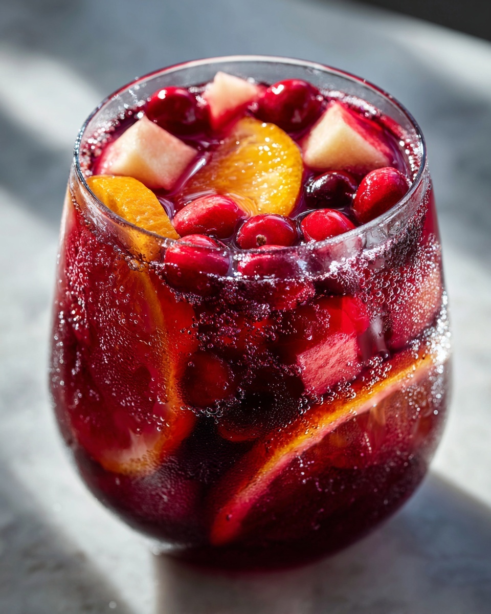 Close-up of a chilled glass filled with dark red christmas sangria, loaded with cranberries, orange slices, and apple chunks.