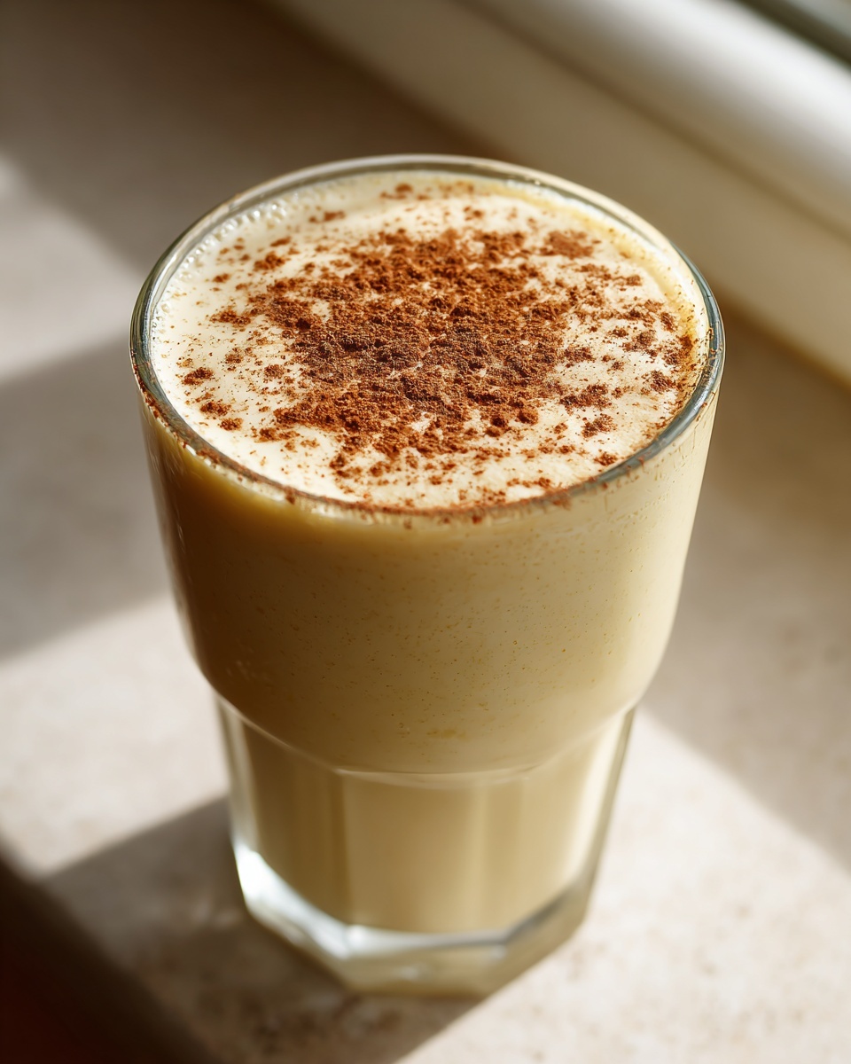 Close-up of a tall glass filled with creamy, yellow eggnog topped with a generous dusting of cinnamon.