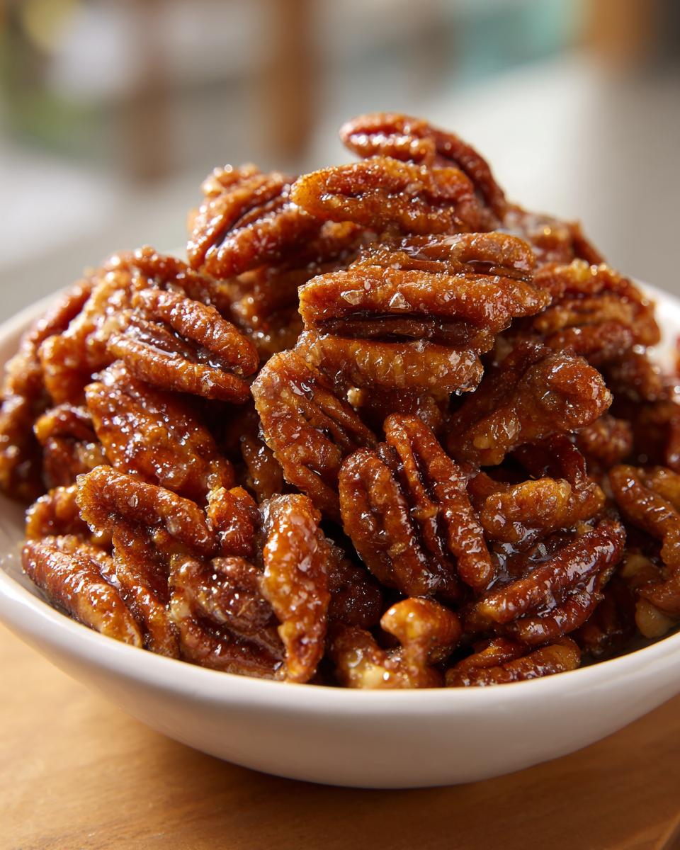 A close-up image showing a pile of shiny, glazed candied pecans heaped in a small white bowl.