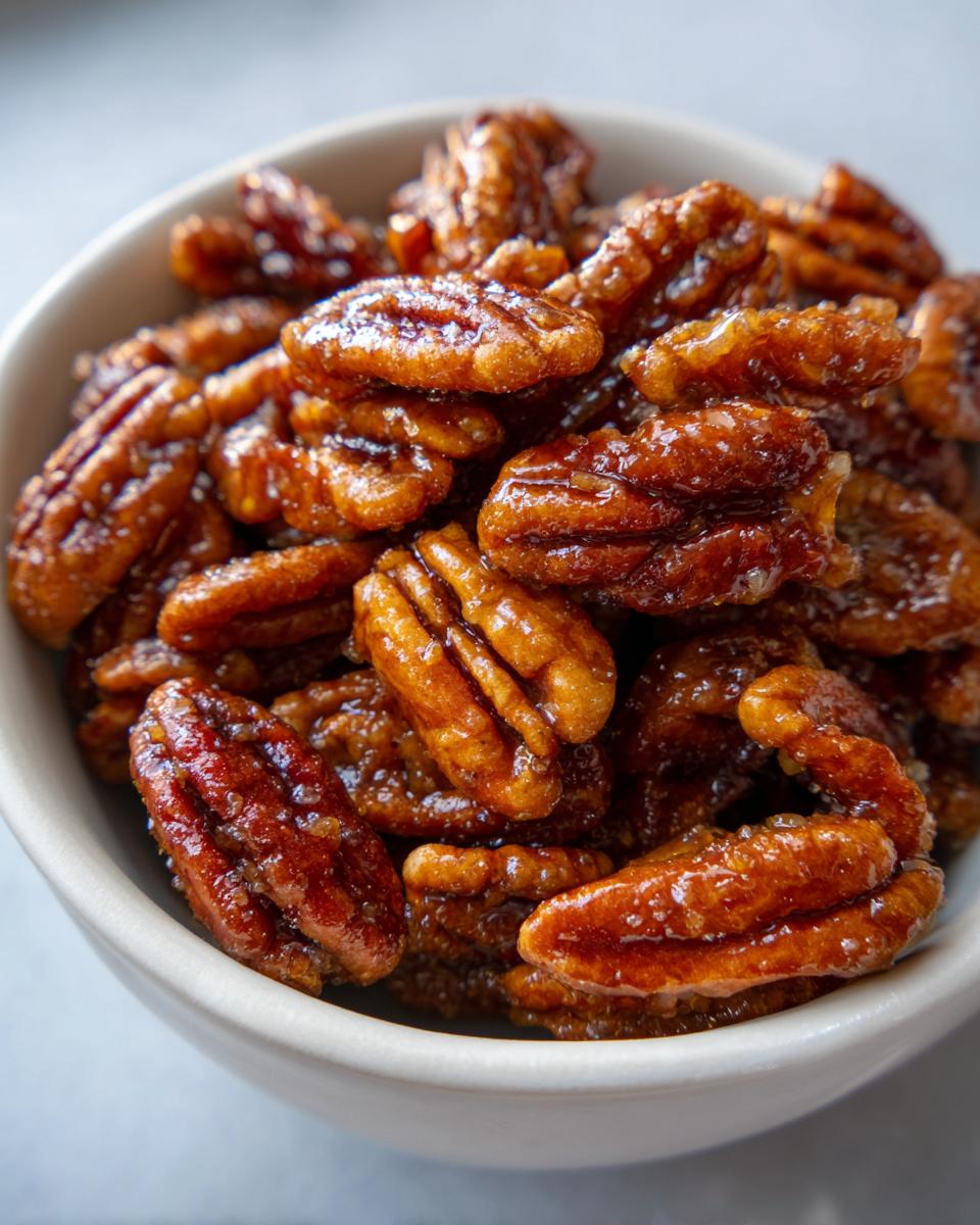 A close-up view of glossy, homemade candied pecans piled high in a small white bowl.