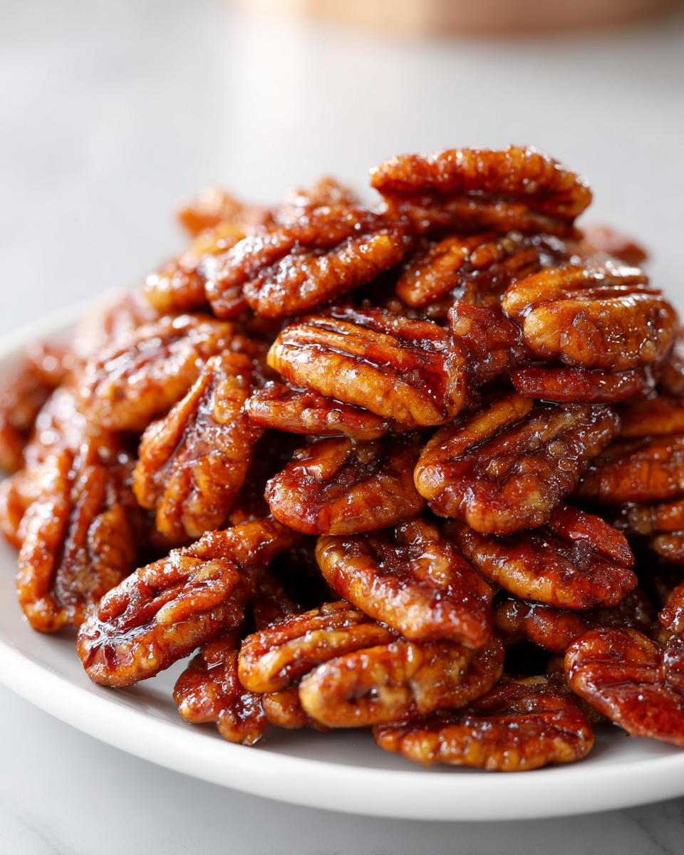 A mound of freshly made, glossy candied pecans piled high on a white serving plate.