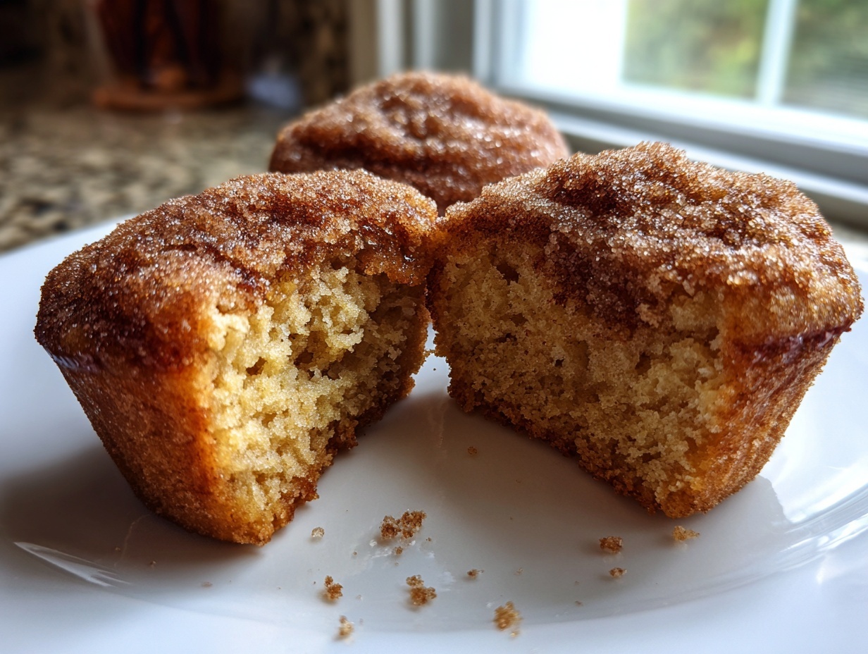 Close-up of a gluten free churro cupcake cut in half showing the moist crumb, coated in cinnamon sugar.