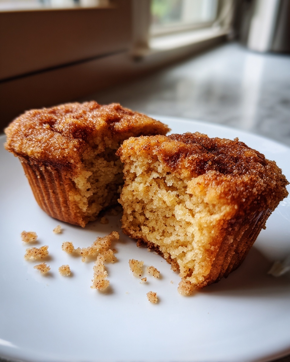 Close-up of a gluten free churro cupcake cut in half showing the moist crumb and cinnamon sugar topping.