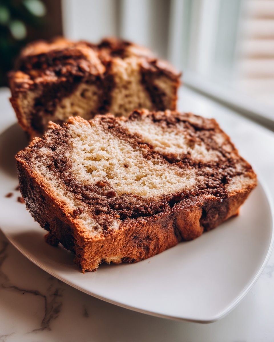 Close-up of a thick slice of gluten free cinnamon bread showing a beautiful vanilla and cinnamon swirl pattern.