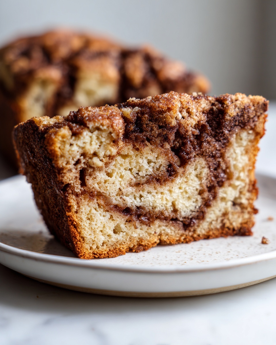 Close-up of a moist slice of gluten free cinnamon bread showing a rich cinnamon swirl and crumb topping.