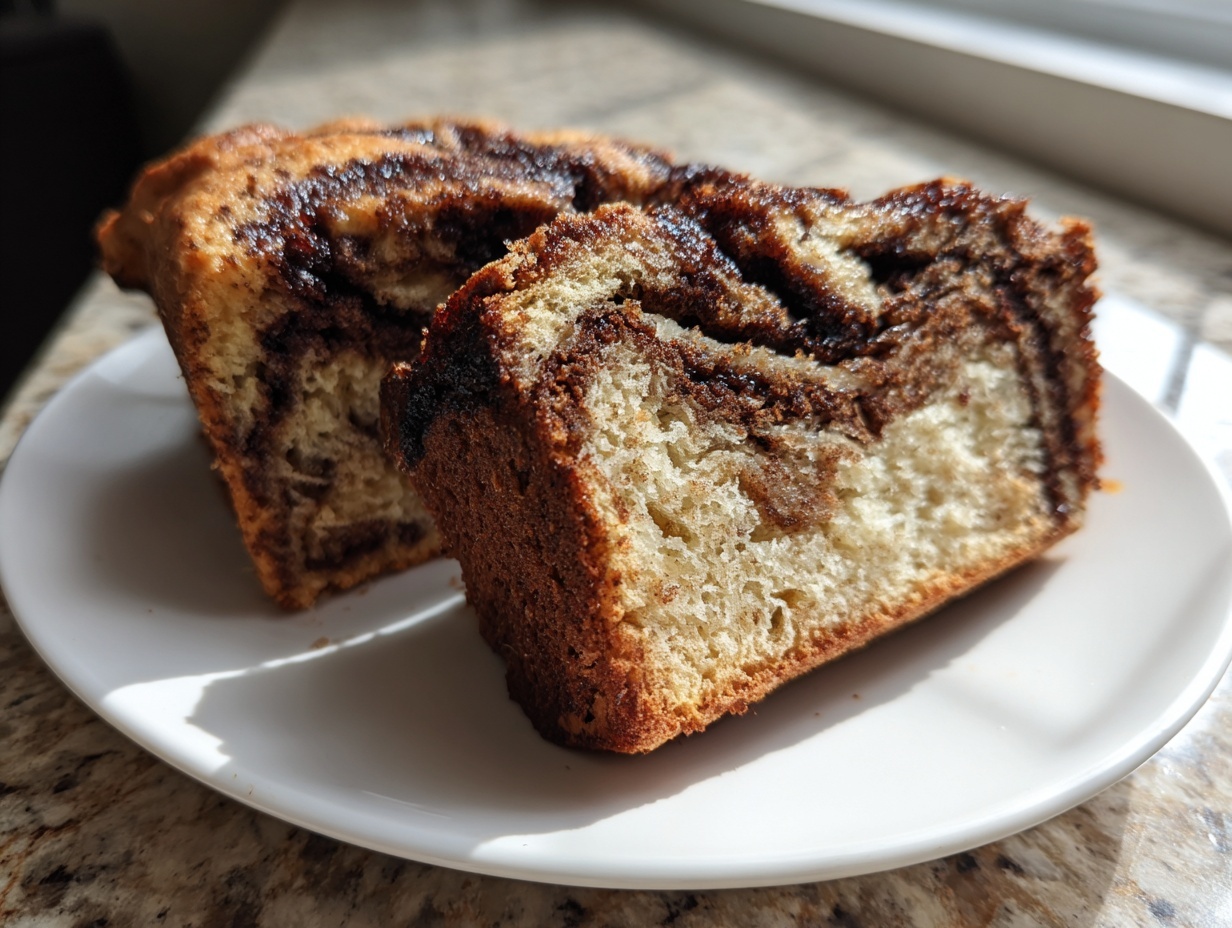 Two slices of moist gluten free cinnamon bread showing rich cinnamon swirl texture on a white plate.