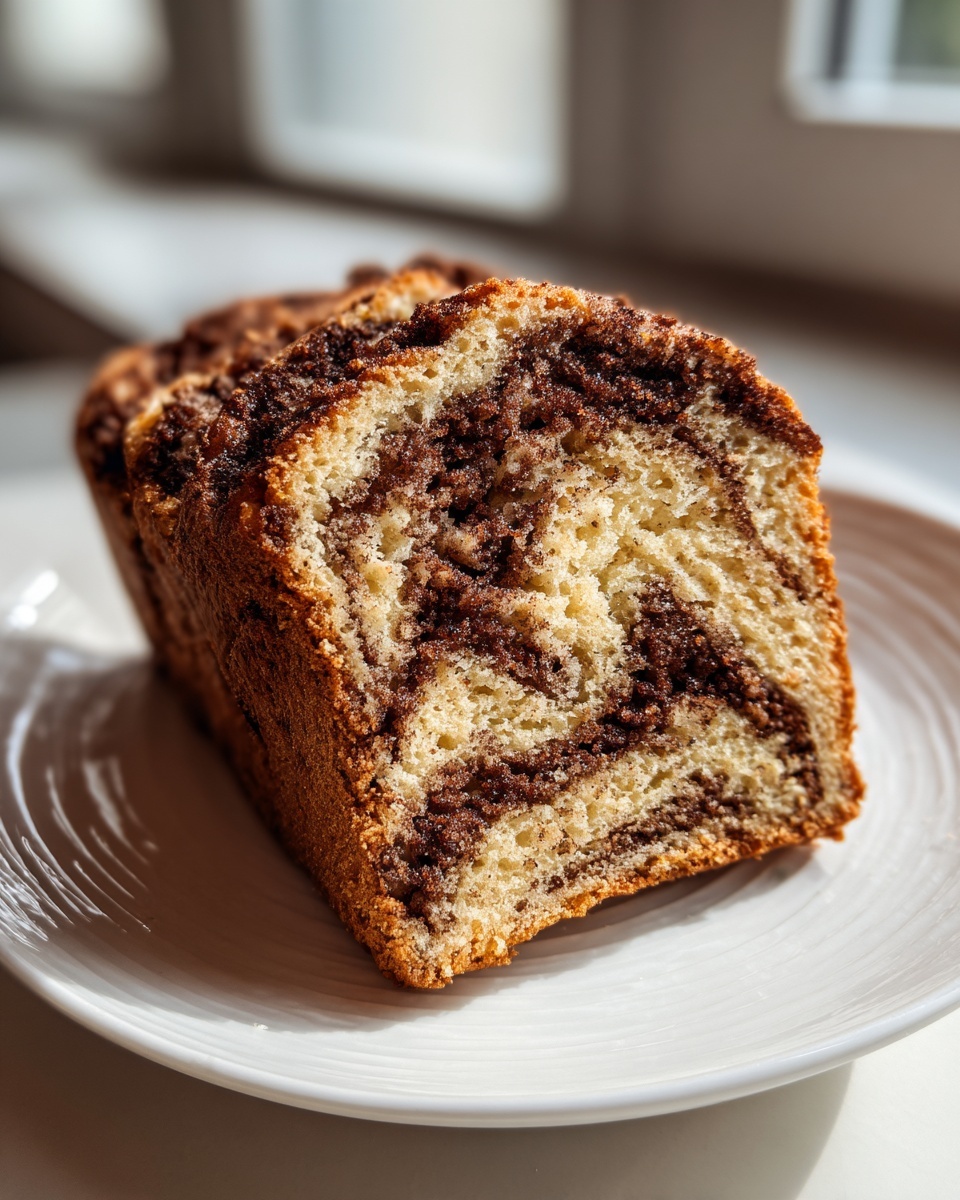 Close-up of a thick slice of gluten free cinnamon bread showing beautiful vanilla and dark cinnamon swirl patterns.