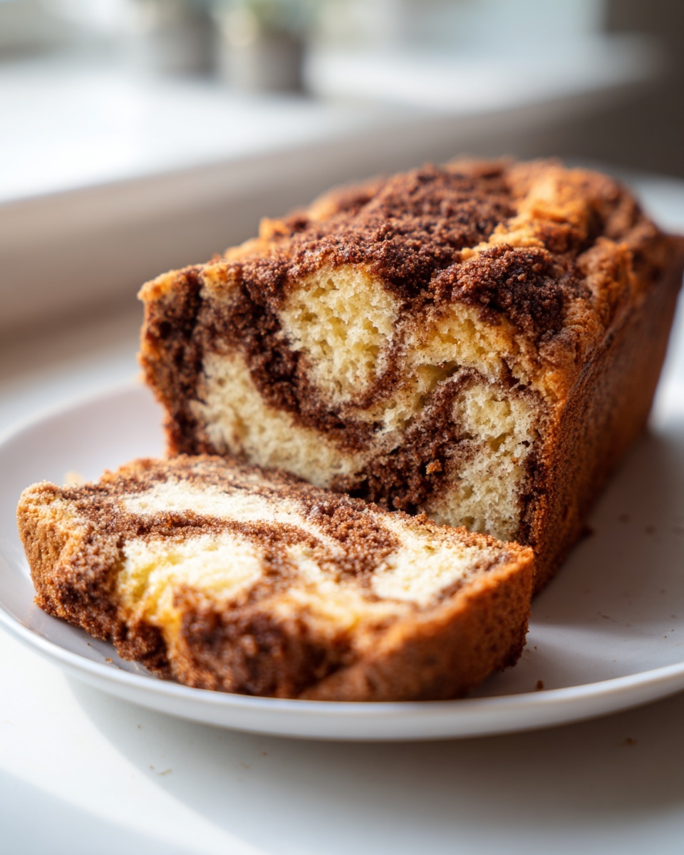A loaf of gluten free cinnamon bread with a chocolate swirl and crumb topping, sliced on a white plate.