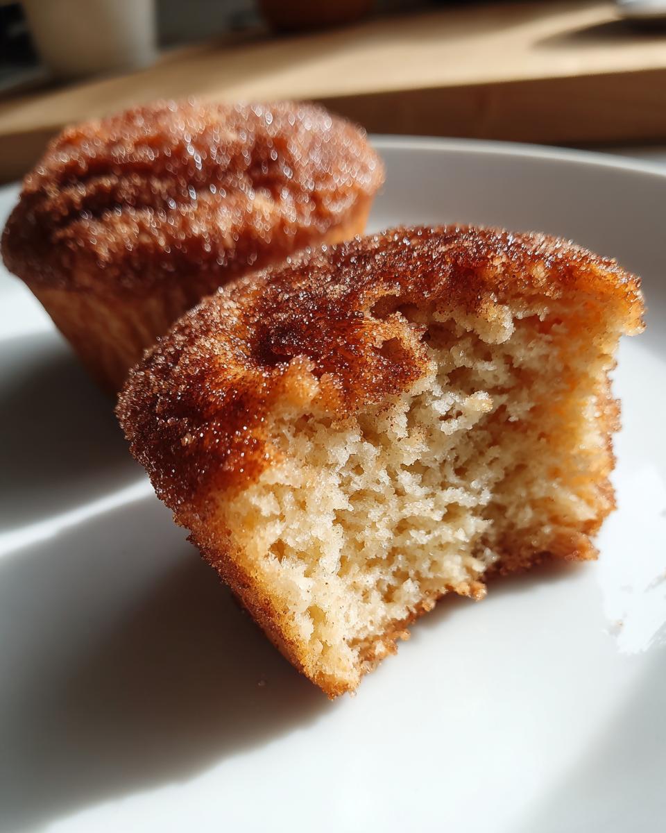 A close-up of a gluten free cinnamon sugar french toast muffin with a bite taken out, showing the fluffy interior.