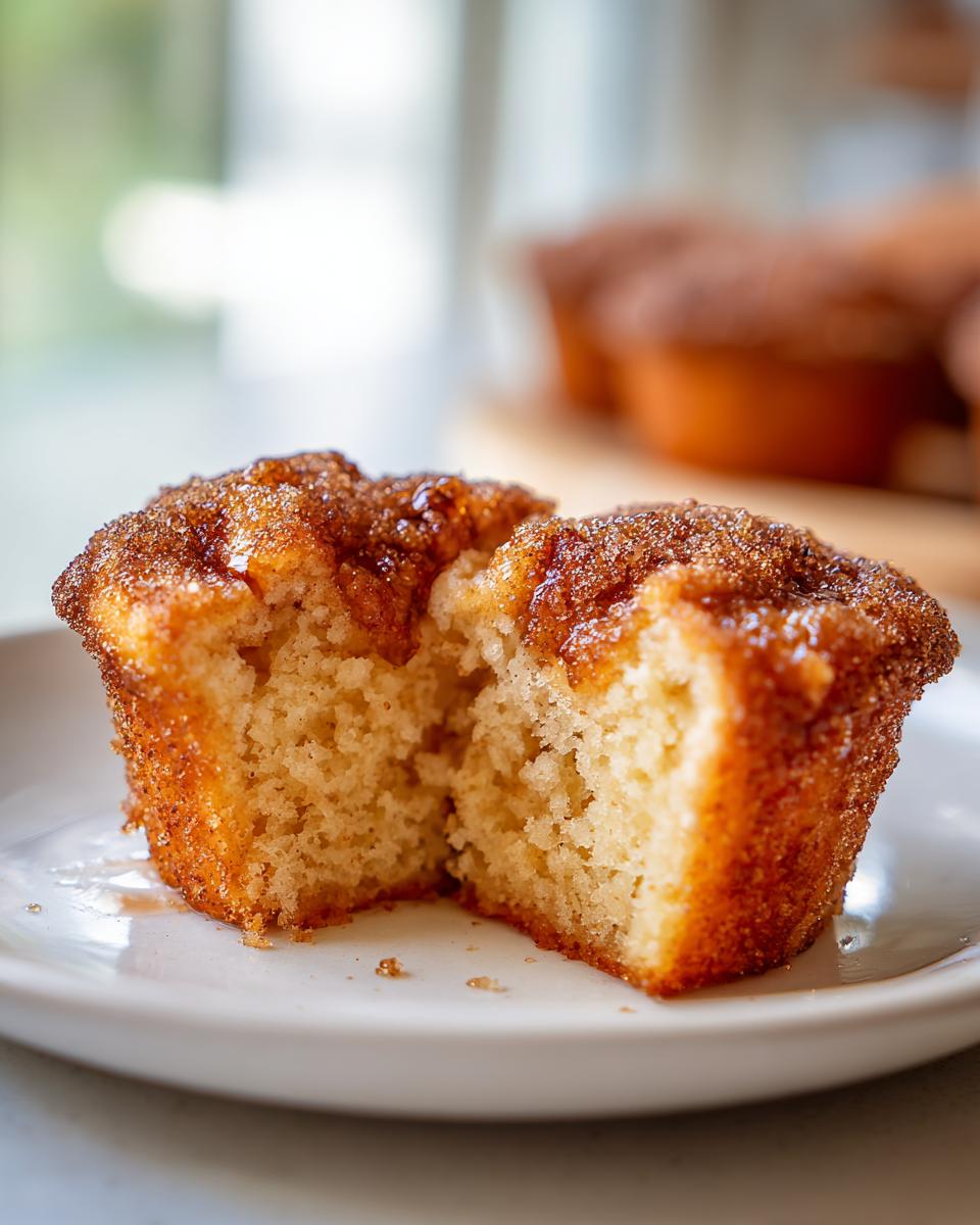 A gluten free cinnamon sugar french toast muffin cut in half showing the soft interior and sugary topping.