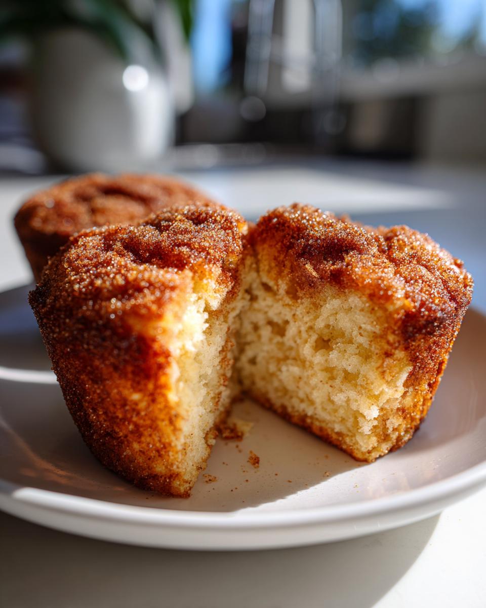 A gluten free cinnamon sugar french toast muffin cut in half, showing the soft interior and sugary topping.