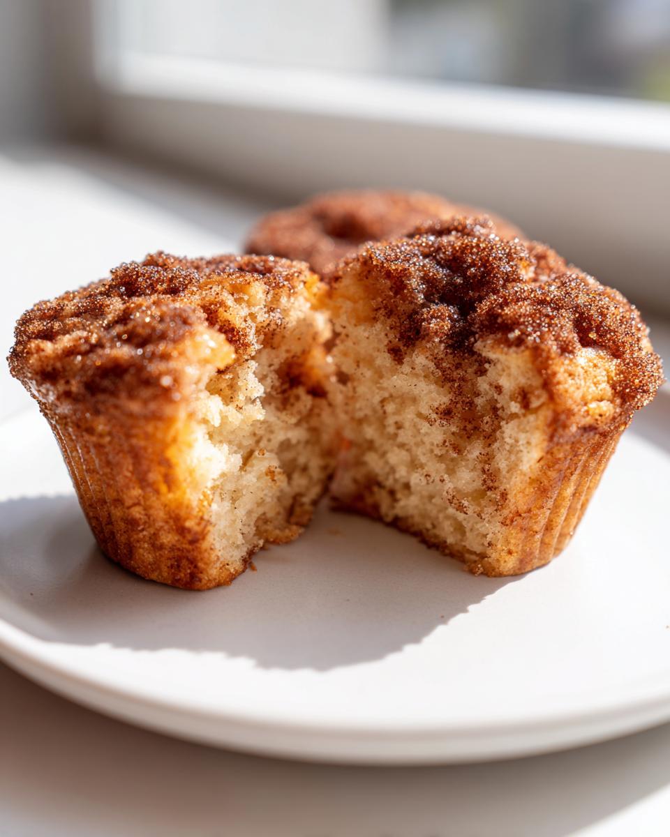 A gluten free cinnamon sugar french toast muffin cut in half, showing the soft, fluffy interior and cinnamon topping.