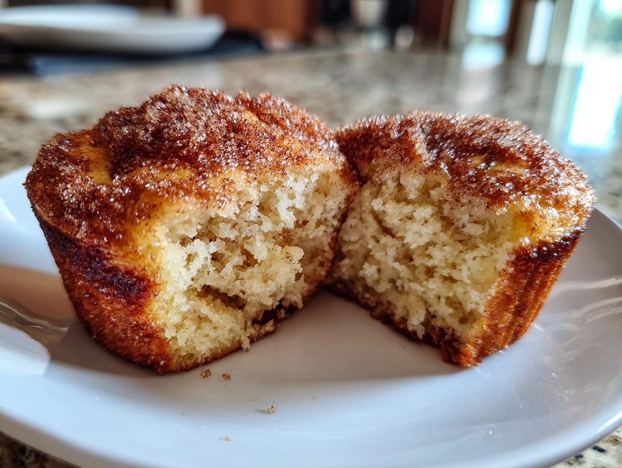 Close-up of a gluten free cinnamon sugar french toast muffin cut in half showing the soft interior.