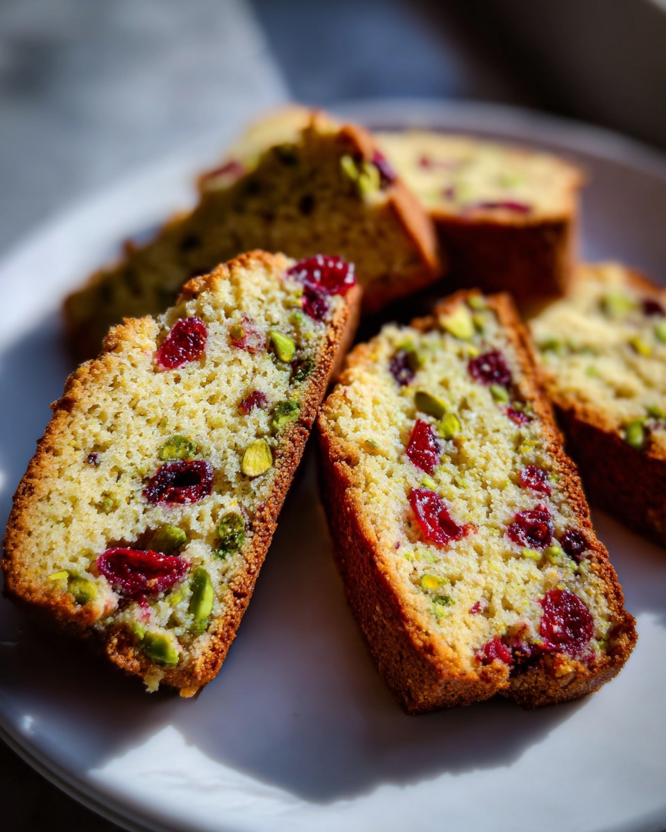 Close-up of several slices of gluten free cranberry pistachio biscotti showing bright red cranberries and green pistachios.