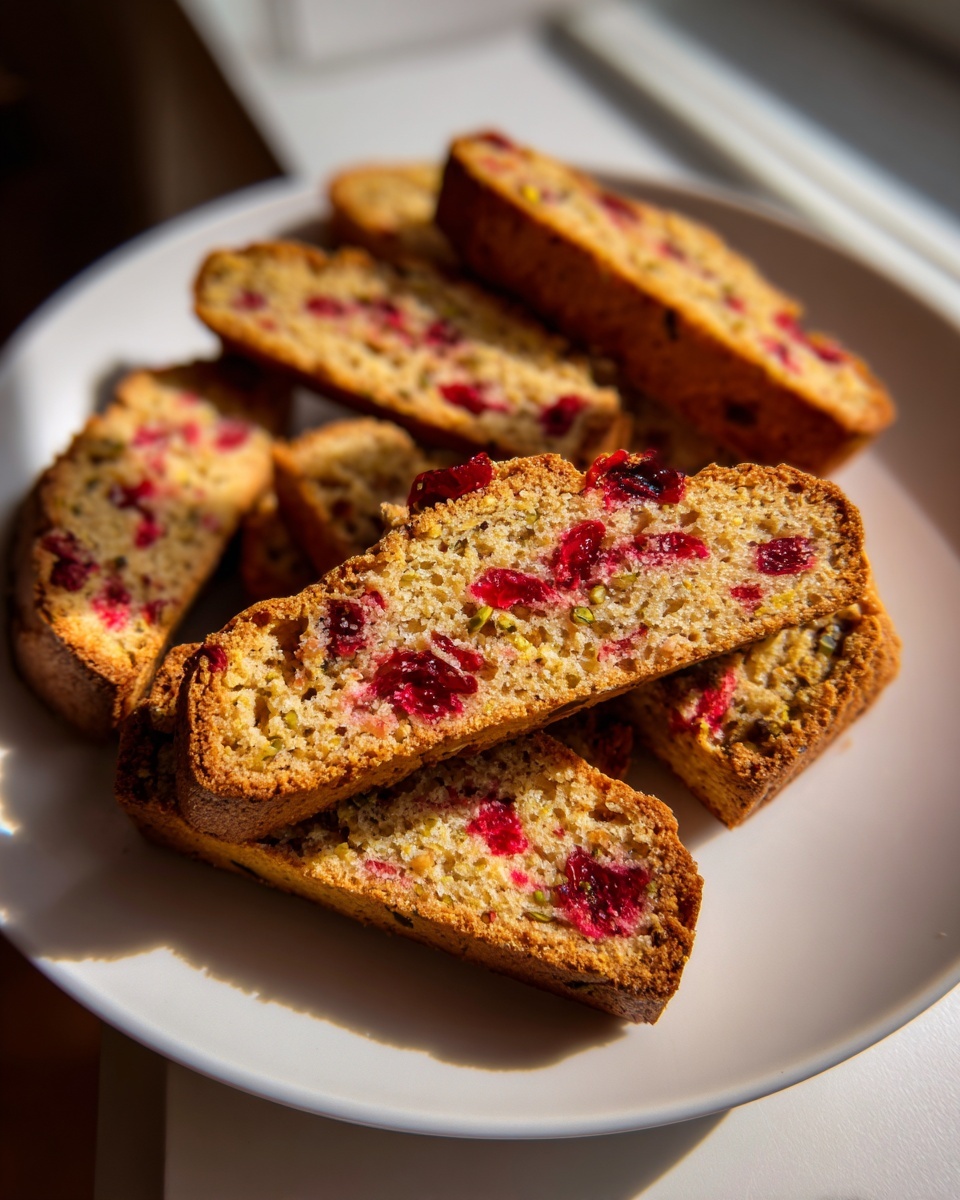 Close-up of sliced gluten free cranberry pistachio biscotti stacked on a white plate, showing bright red cranberries and green pistachios.