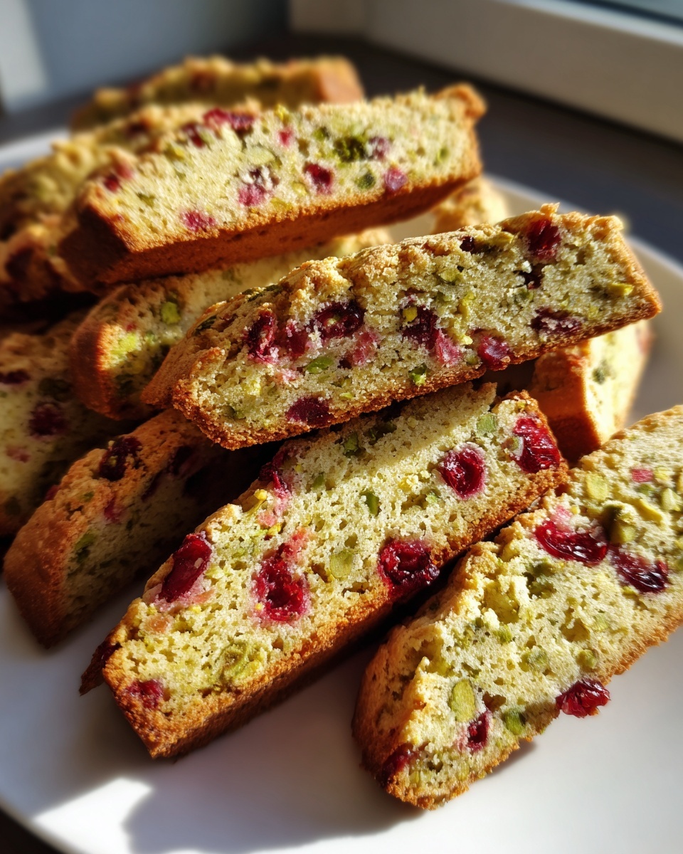Close-up of sliced gluten free cranberry pistachio biscotti showing bright red cranberries and green pistachios baked inside.